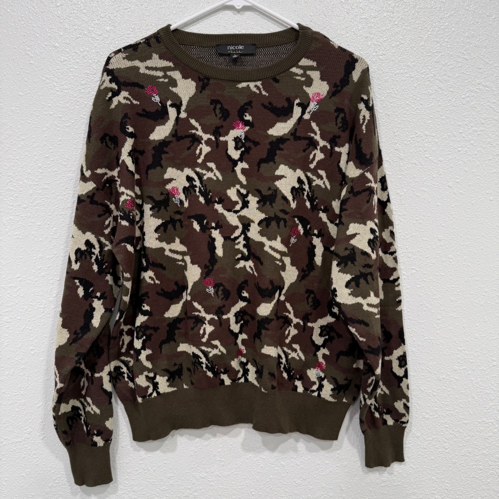 Nicole by Nicole Miller Camo Rhinestone Floral Knit Sweater Womens Large Olive